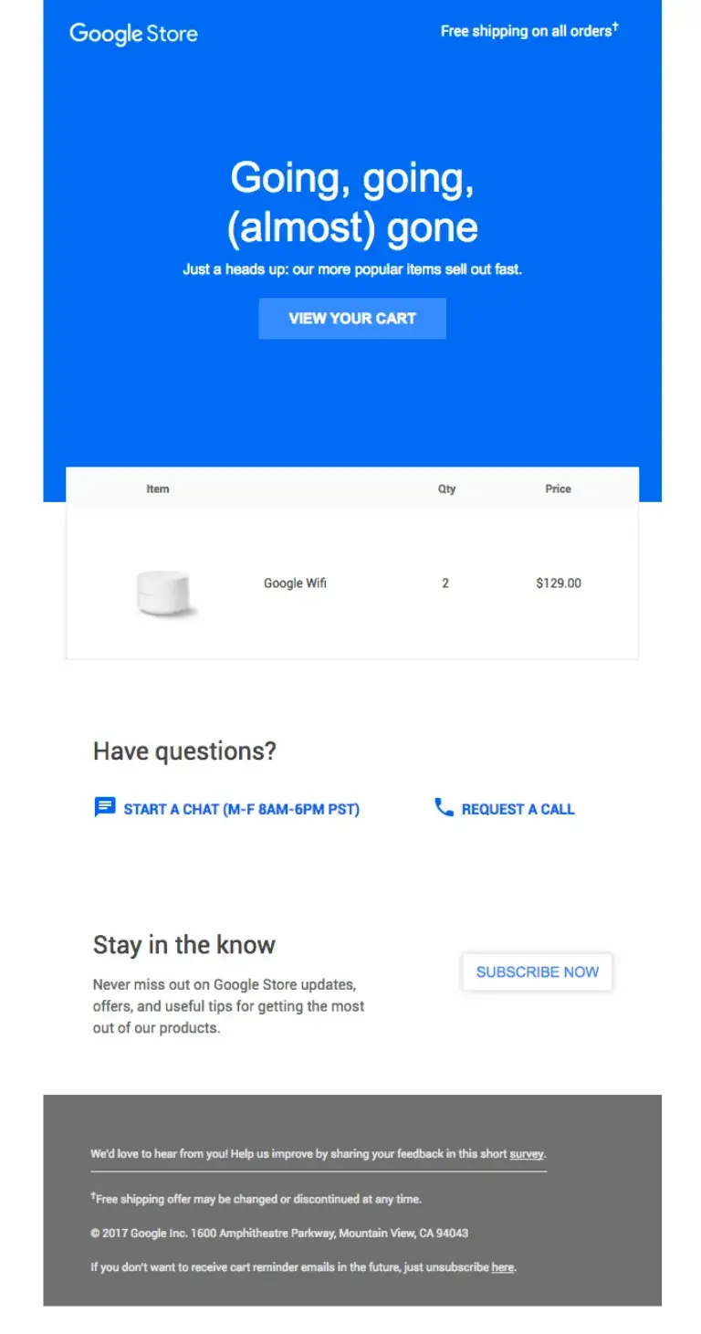 Google abandoned cart email example