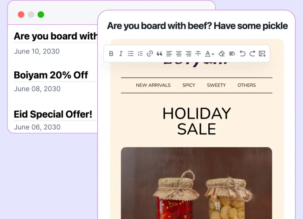 Content management interface editing a pickle holiday sale email.