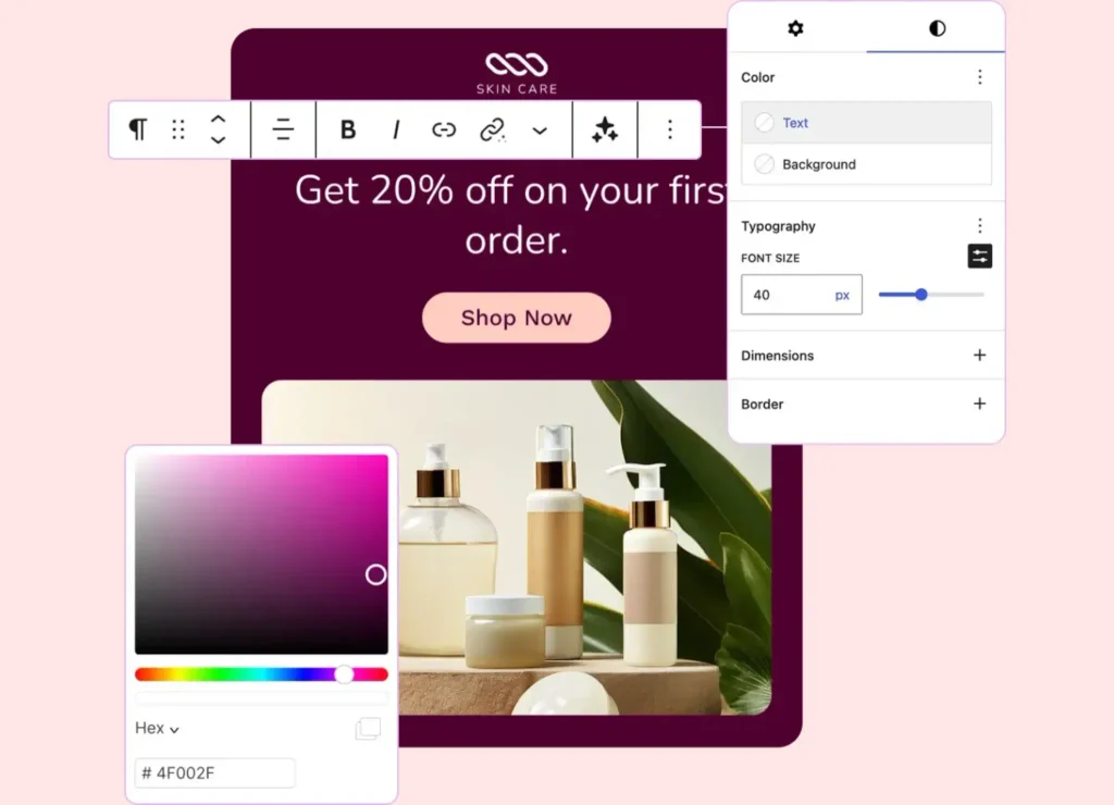 Digital interface for editing a skincare promotional email layout.