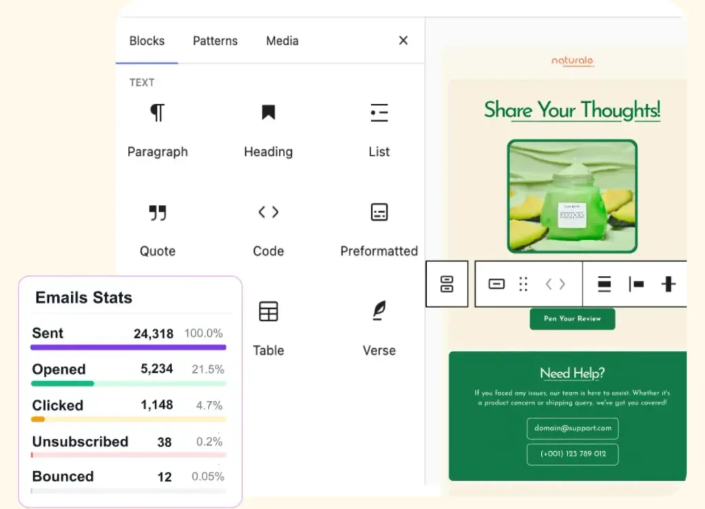 Email marketing editor interface with blocks and performance statistics.