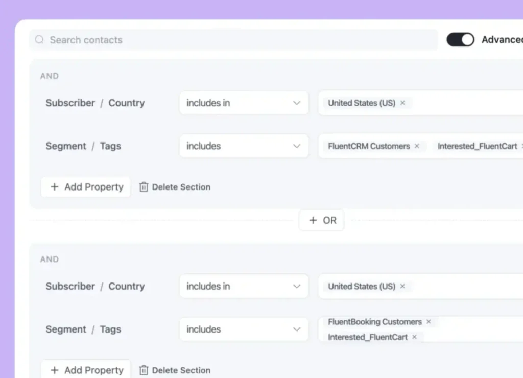 CRM interface showing contact segmentation filters and logic.