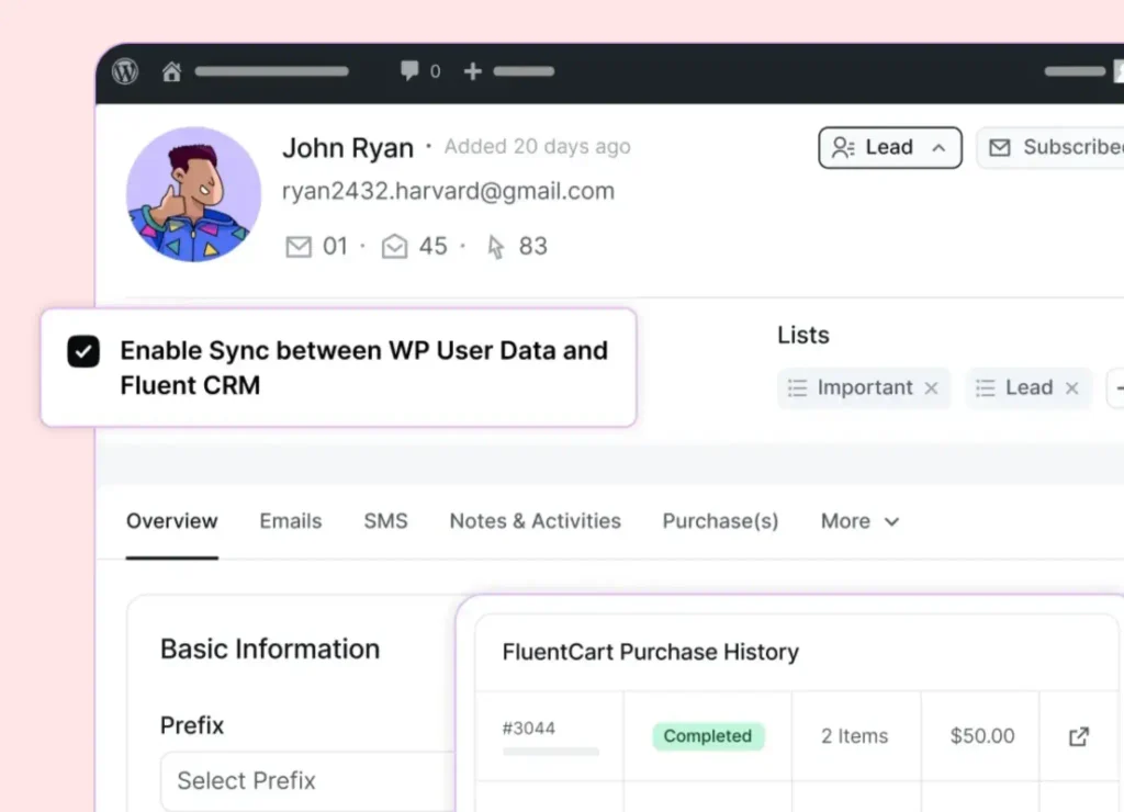 Fluent CRM dashboard showing user data synchronization features.