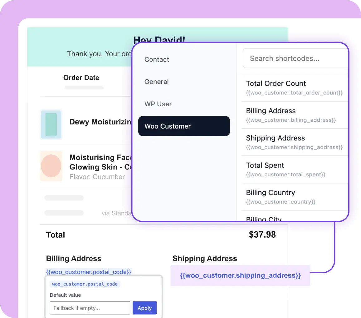 Email editor personalizing orders with Woo Customer shortcodes.
