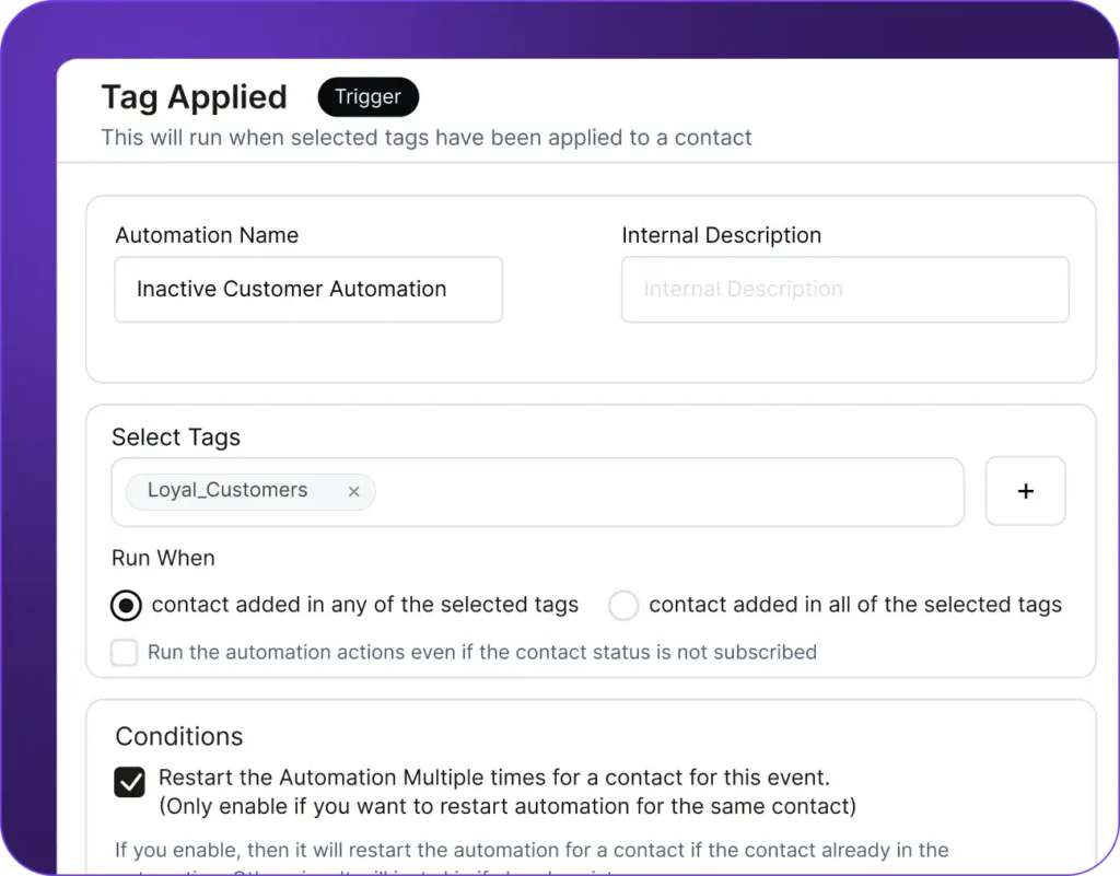 Automation trigger settings for 'Tag Applied' event.