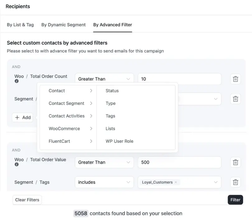 Software for advanced contact filtering by order, value, and tags.