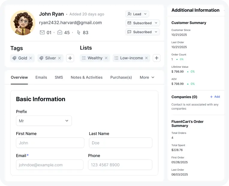 CRM customer profile interface with contact details and order summary.
