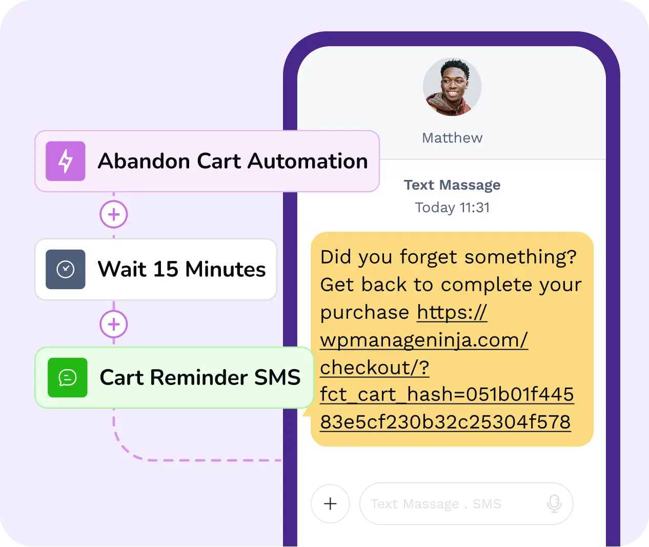 Automated abandon cart reminder SMS workflow on a phone.