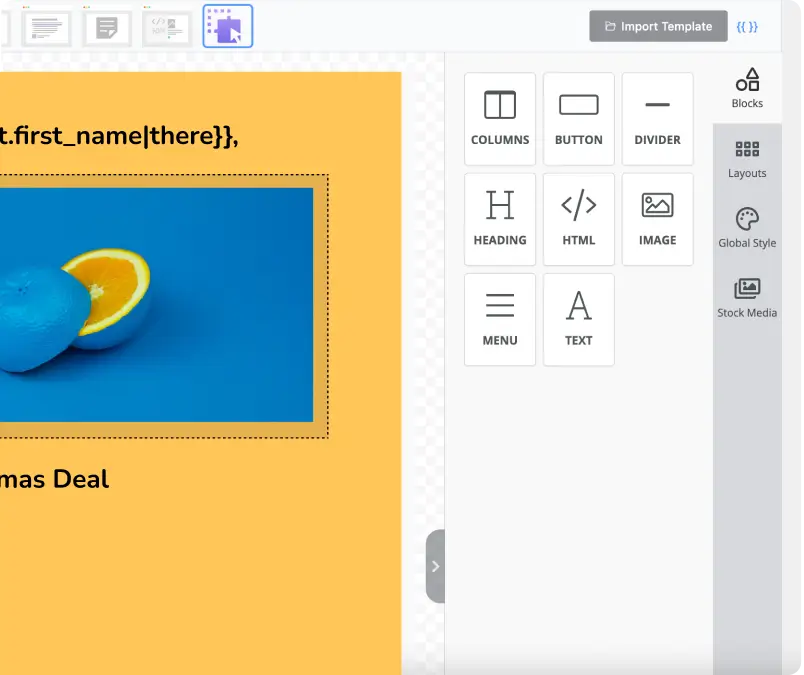 Email builder interface displaying image of blue orange and tools.