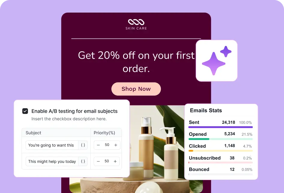 Email marketing interface with A/B testing, stats, and skincare product promotion.