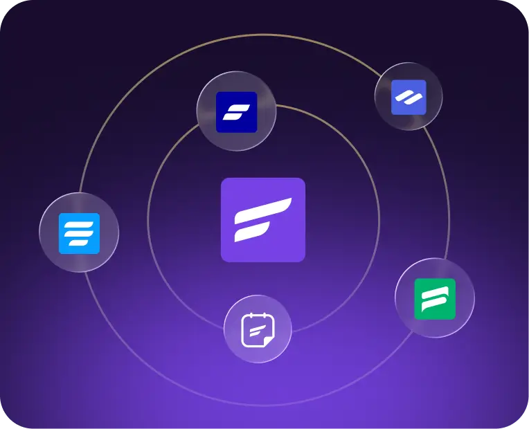 Purple central app icon surrounded by five connected service icons.