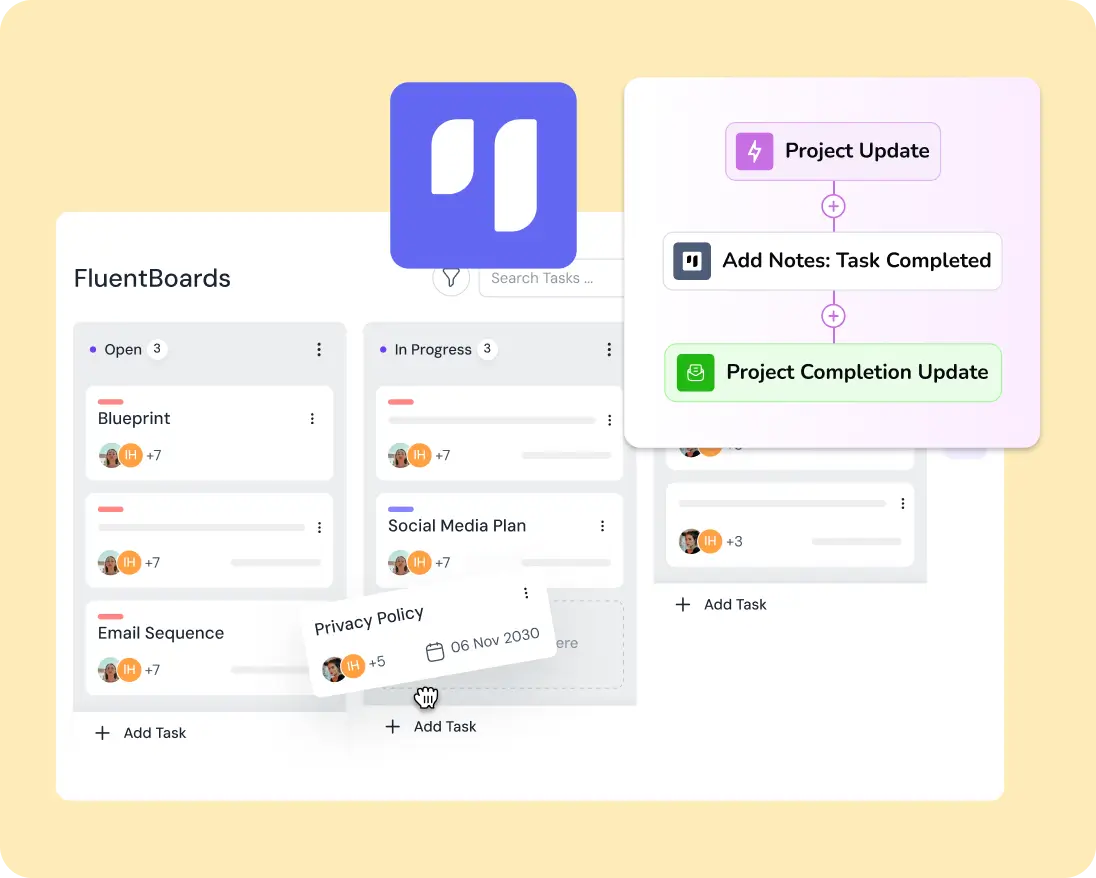 FluentBoards project management software showing tasks, workflow, and automation.