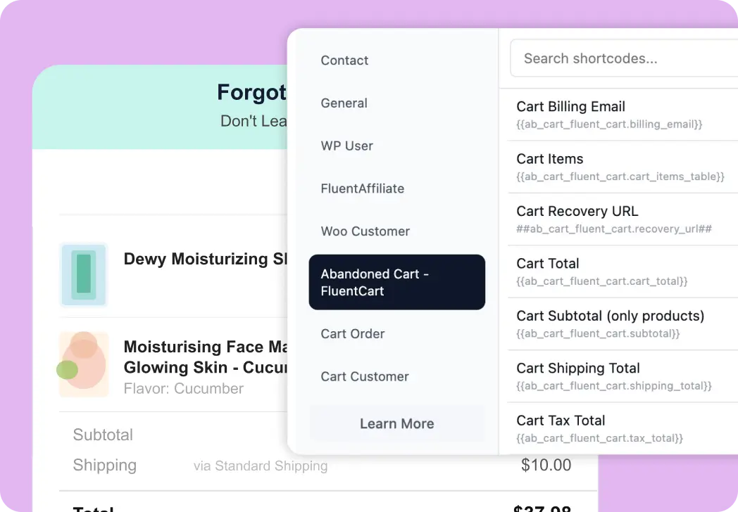 FluentCart abandoned cart recovery shortcodes menu.