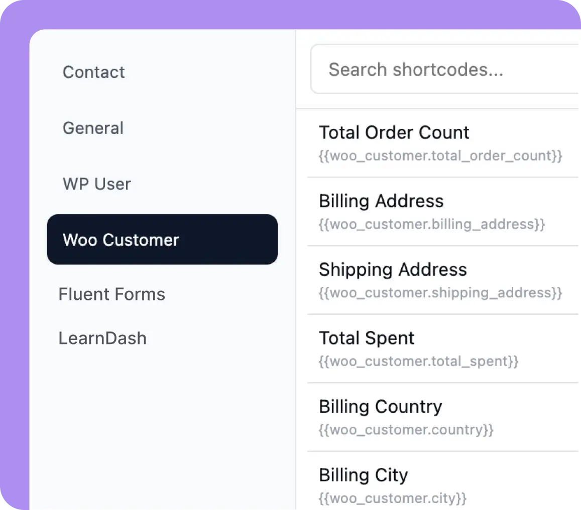 WooCommerce customer data fields and shortcodes interface.