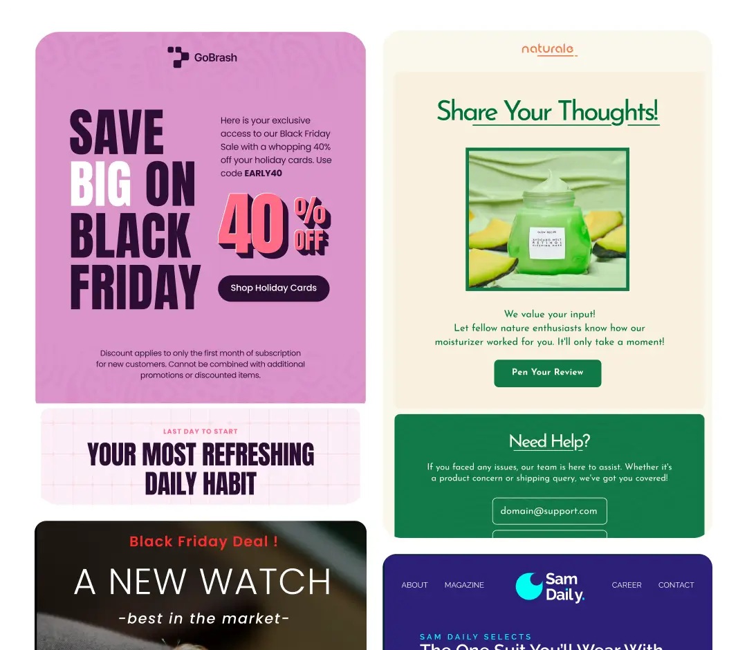 Digital marketing snippets for Black Friday, beauty, and lifestyle brands.