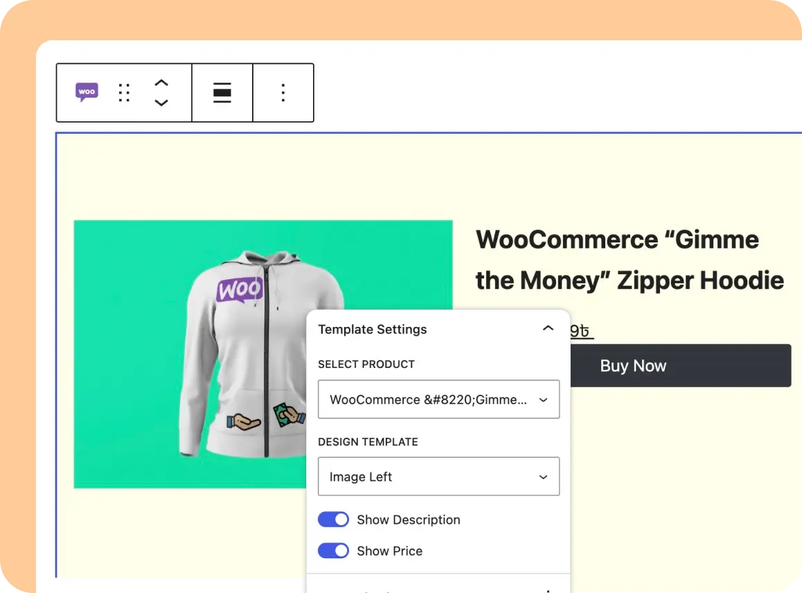 WooCommerce product page customization with a hoodie and settings menu.