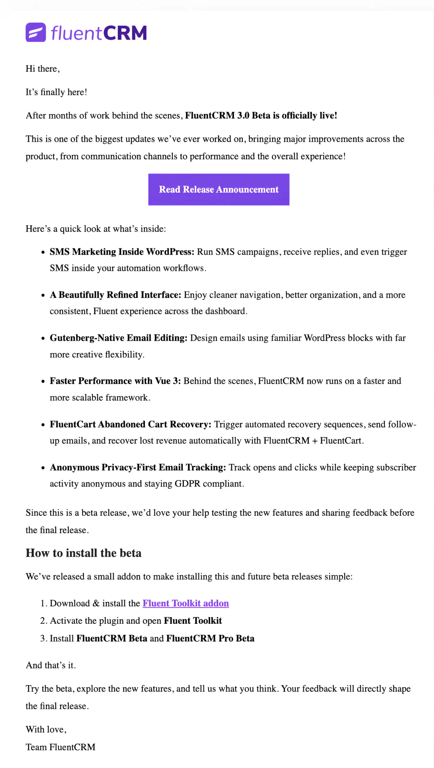 product or feature update email