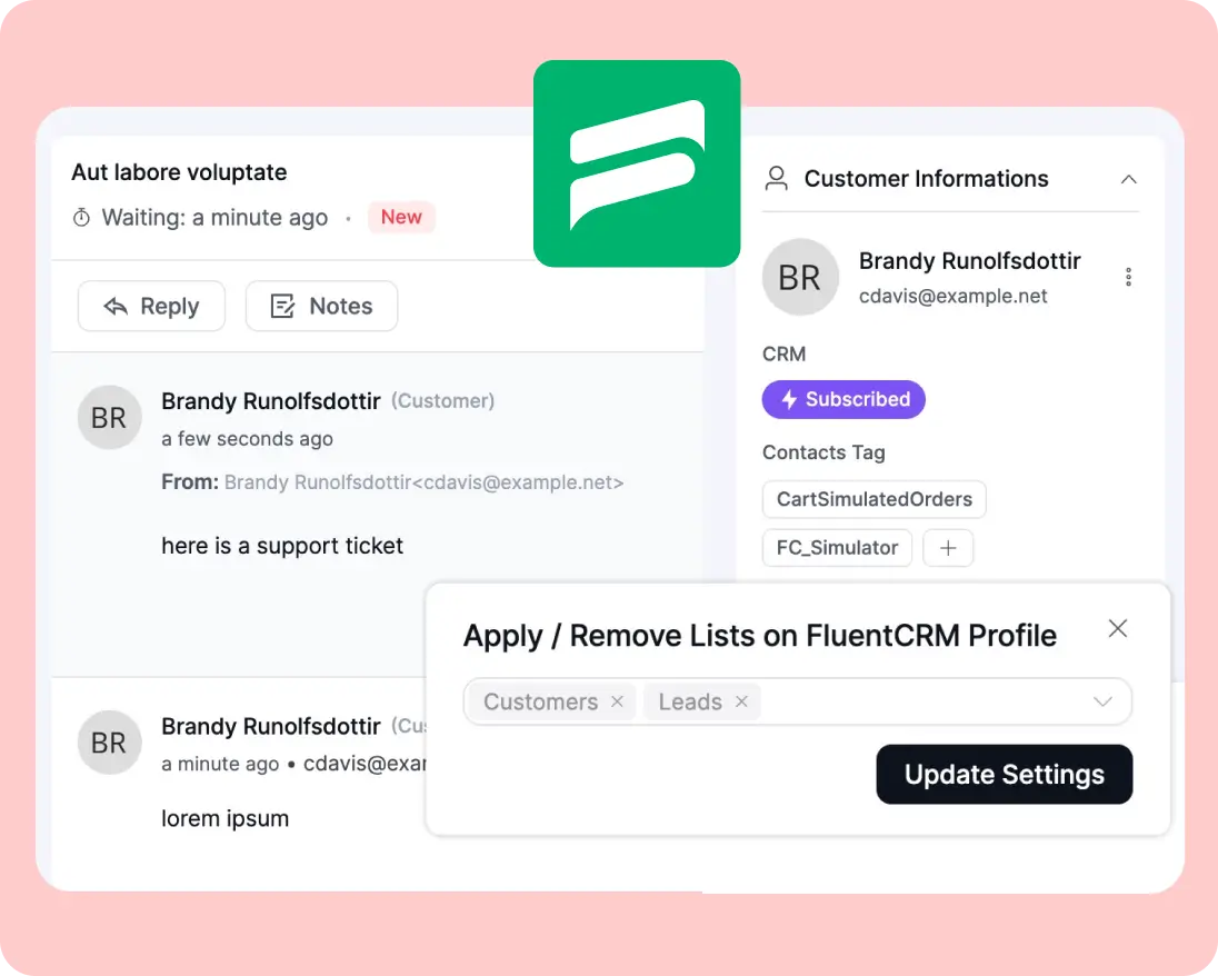 CRM interface showing customer details, support tickets, and list management.
