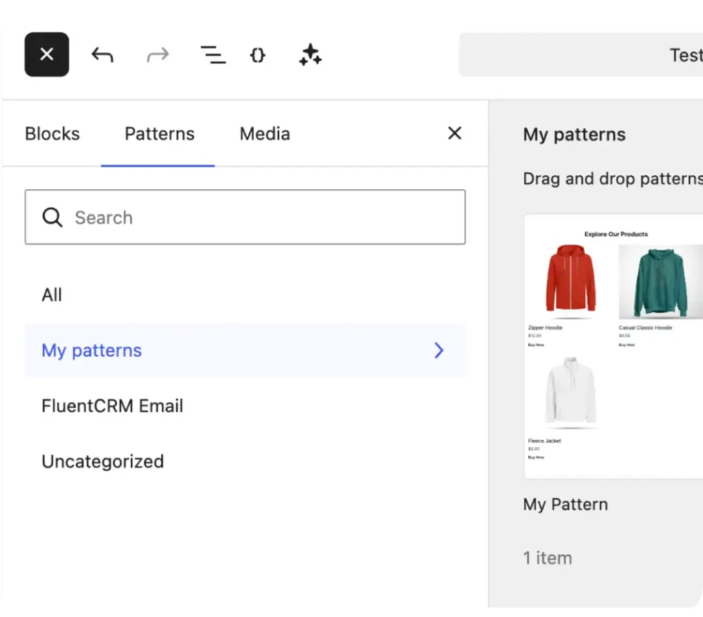 UI showing content patterns for products in a builder.