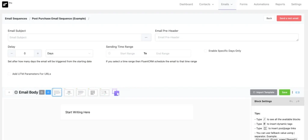Email sequence builder creating a post-purchase automation.