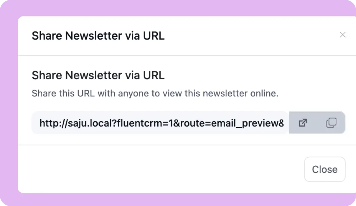 Share Newsletter via URL dialog with link and copy options.