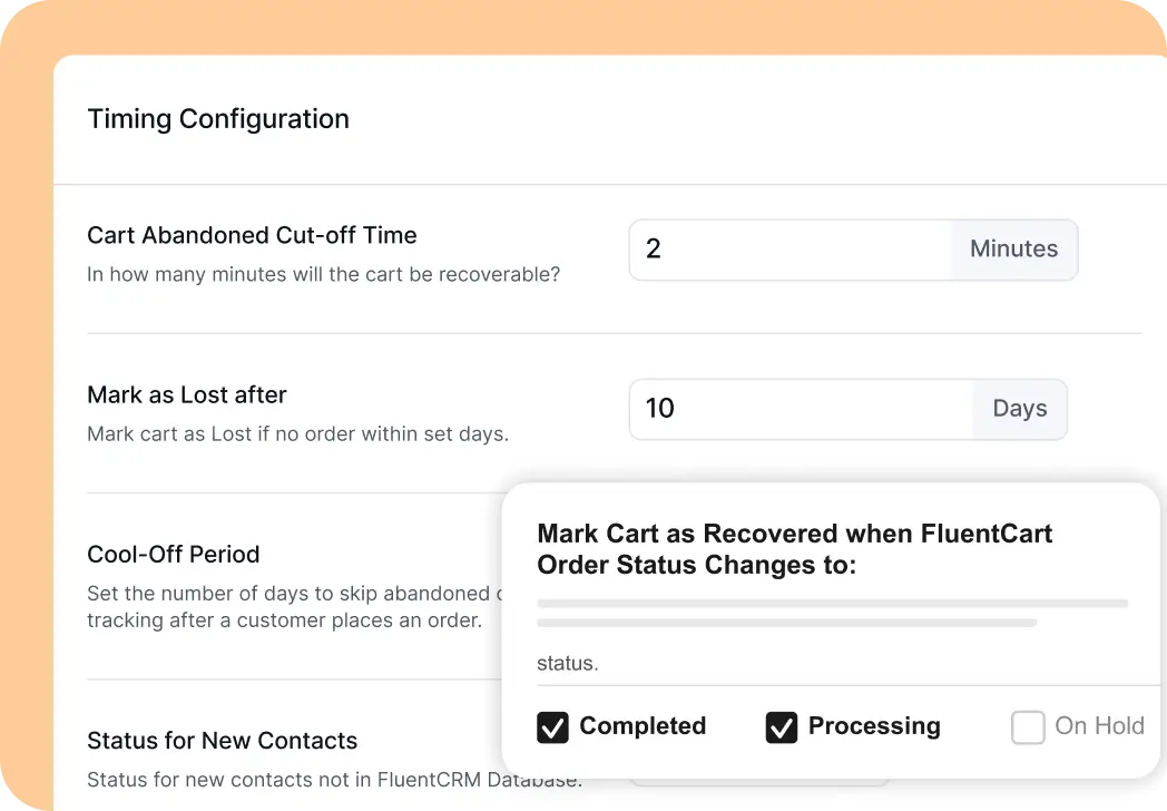 E-commerce timing configuration settings with abandoned cart recovery options.