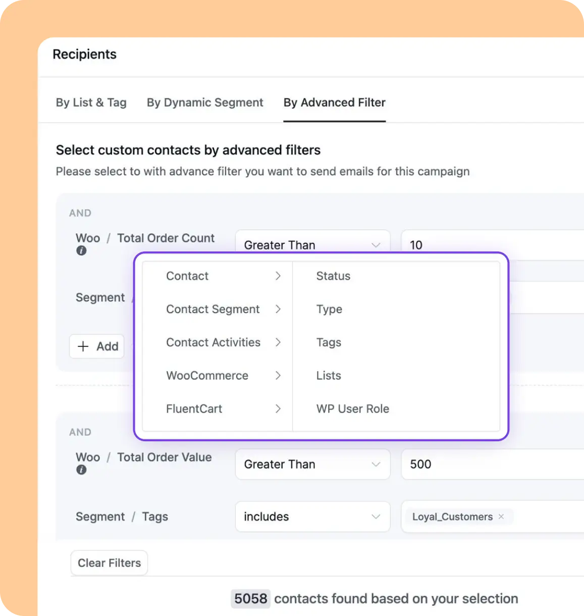 Software interface for advanced contact filtering with open dropdown menu.