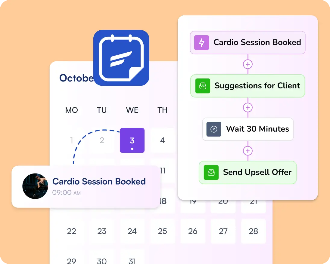 Automated fitness booking and client engagement workflow on digital calendar.