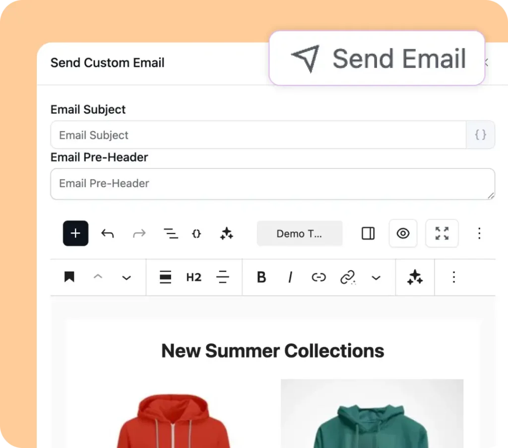 Email builder interface with highlighted 'Send Email' button.