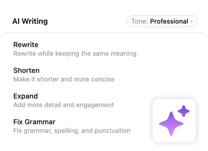 AI writing tool showing rewrite, shorten, expand, and grammar options.