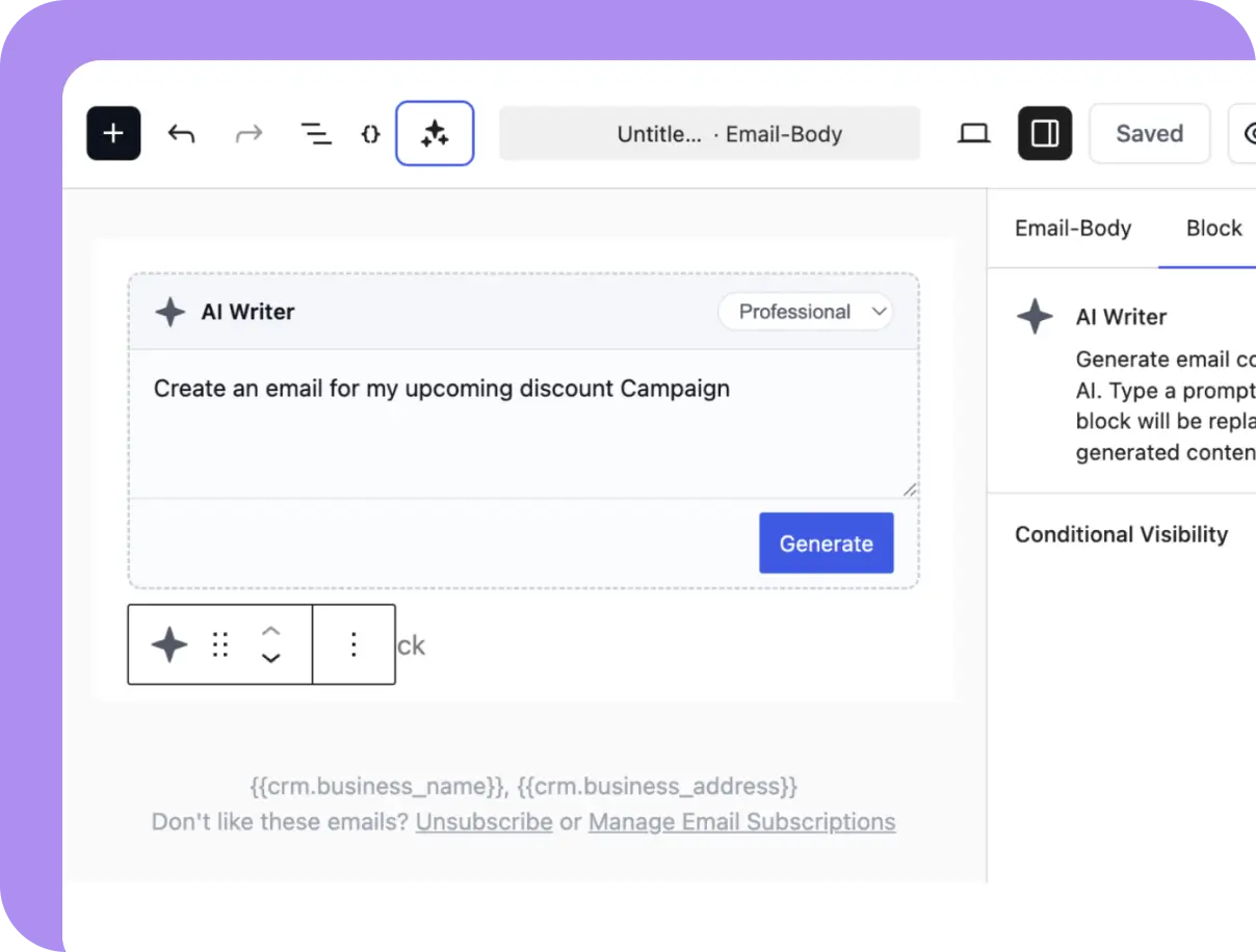 AI writer tool generating email content for a discount campaign.