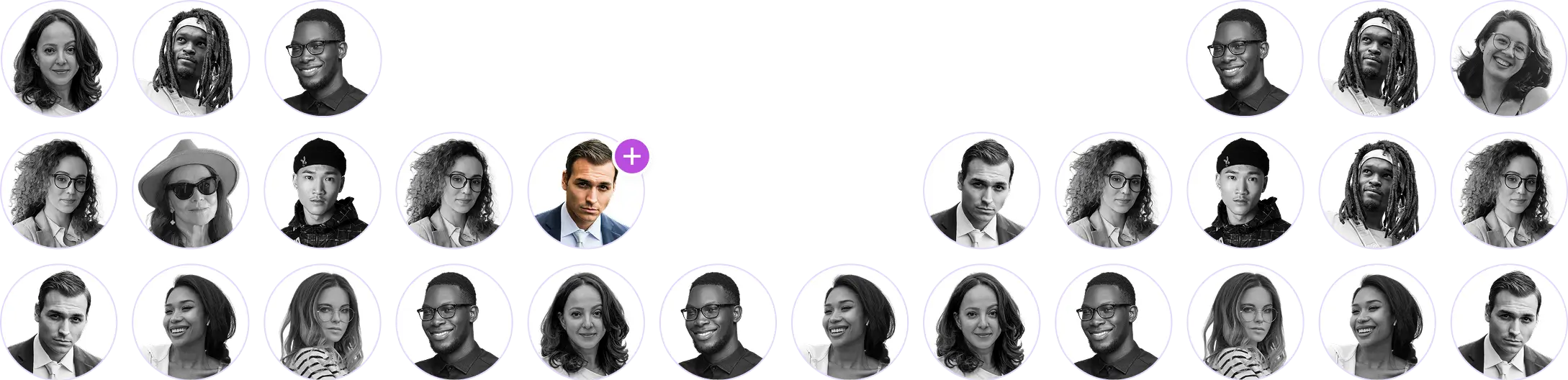 Network of diverse black and white portraits with central connection.