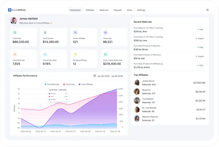 Affiliate marketing dashboard displaying performance metrics, referrals, and payouts.