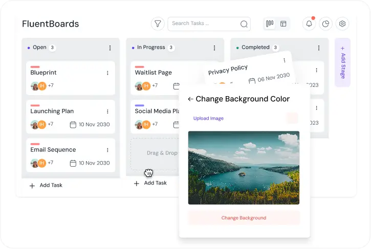 FluentBoards project management app with background change settings.