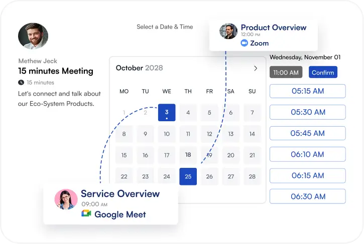 Online scheduling interface showing calendar, meetings, and booking options.