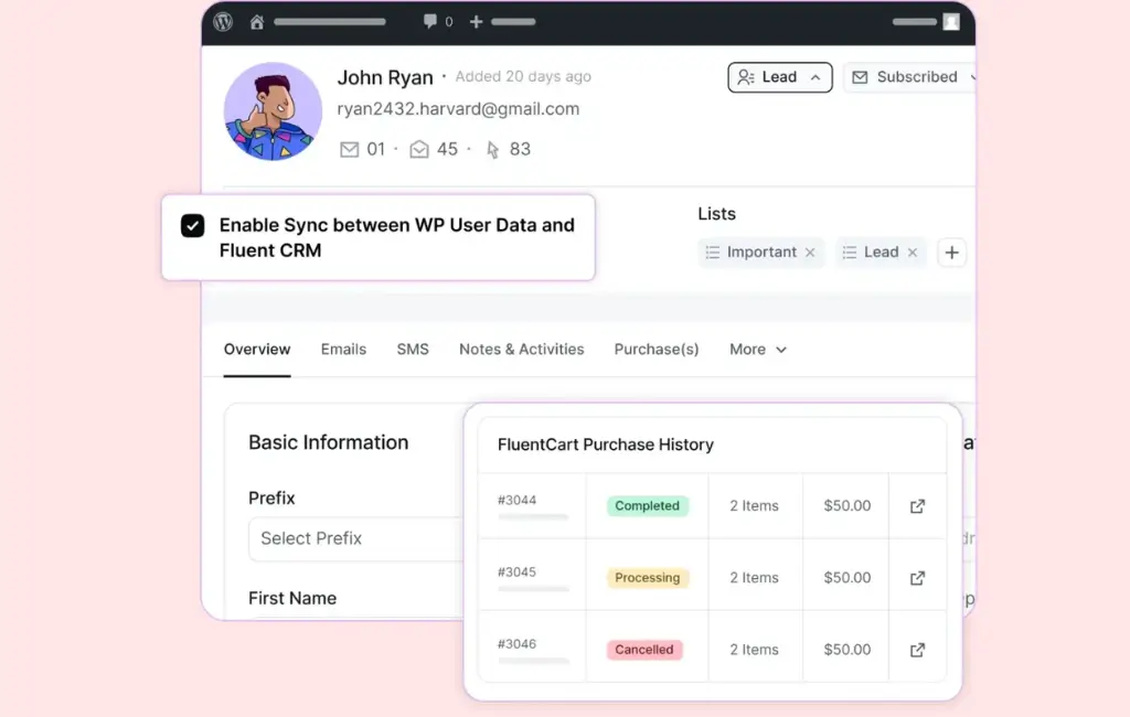 Fluent CRM interface showing user profile and purchase history integration.