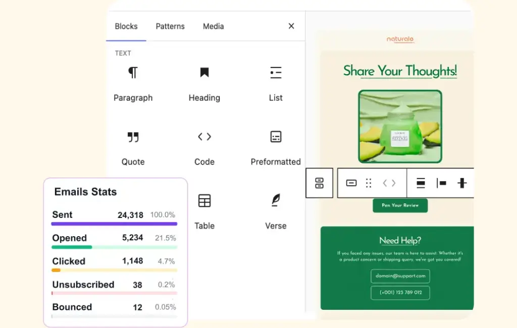 Email marketing dashboard with content editor and performance statistics.