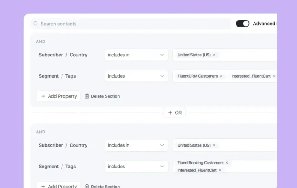 CRM contact filtering interface showing advanced segment search criteria.