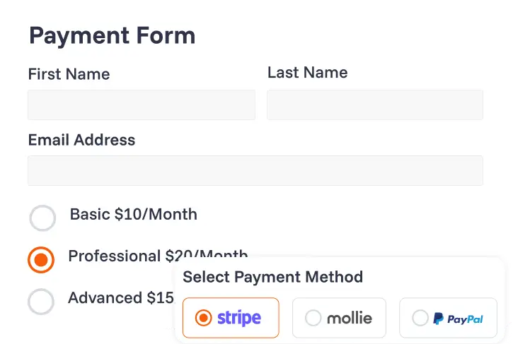 Payment form with subscription plans and payment method options.