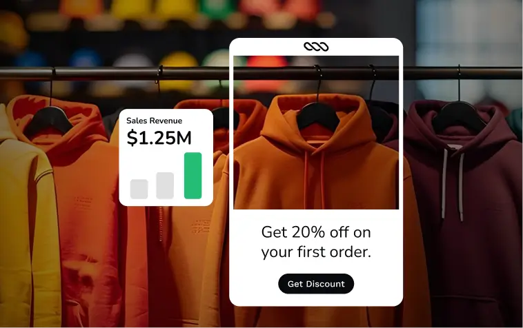Hoodies on rack with sales revenue and discount offer overlay.