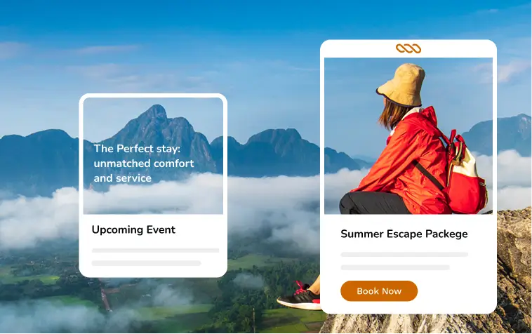 Digital cards promoting travel and stays over a mountain landscape.