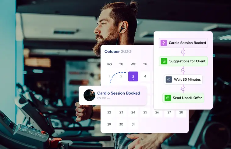 Man in gym with digital calendar, session booked, and automation workflow.