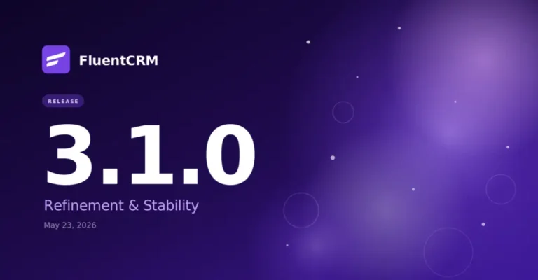 FluentCRM 3.1.0 release announcement graphic on purple background.