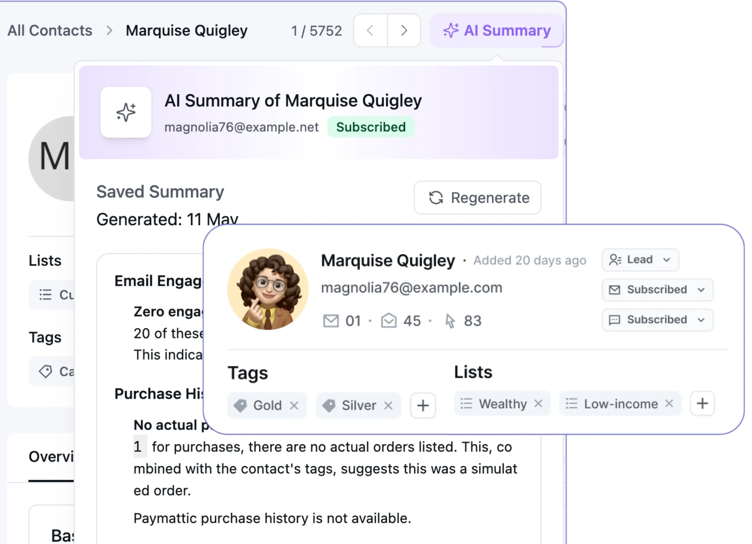 AI summary dashboard showing contact details for Marquise Quigley.