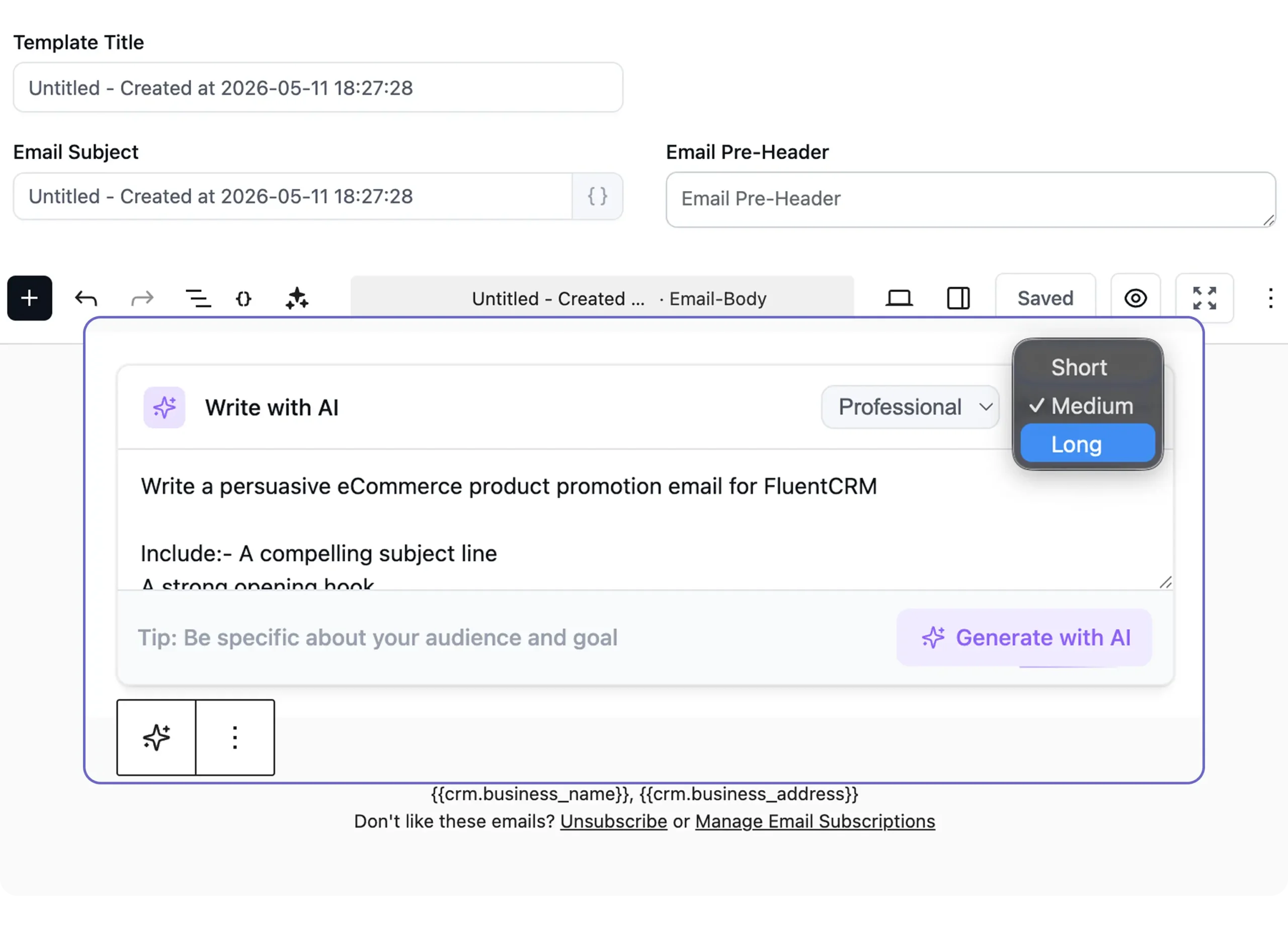 Screenshot of an email editor with an AI writing popup.