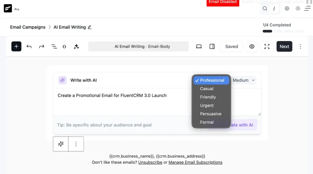 AI email writing interface with professional style selected for a promotional email.