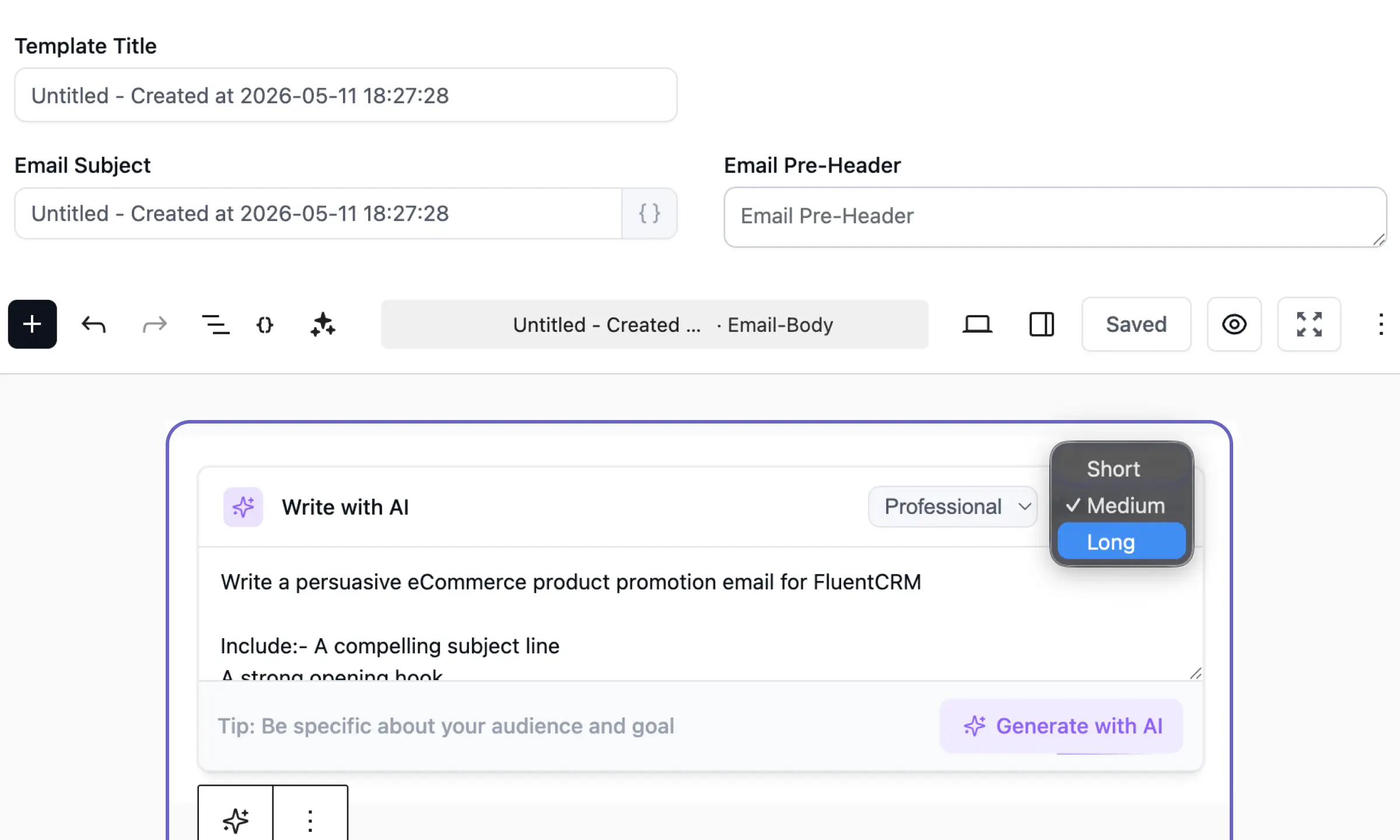 AI email writer with length options in a content creation tool.