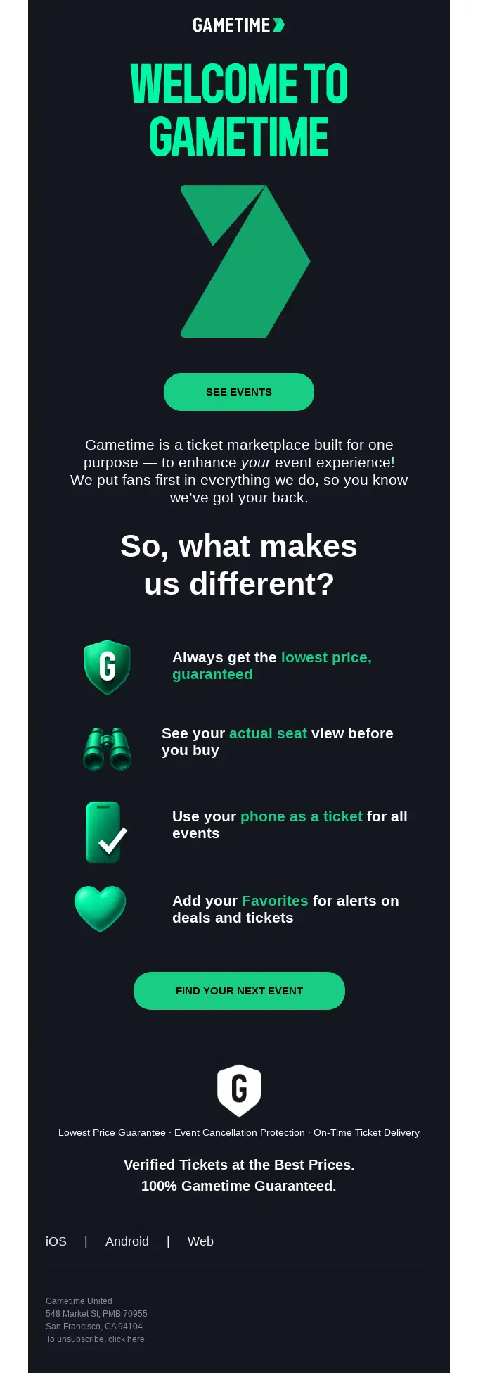 Welcome to Gametime promotional email layout with green accents.