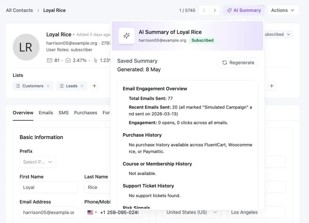 AI summary of contact profile for Loyal Rice, showing engagement.