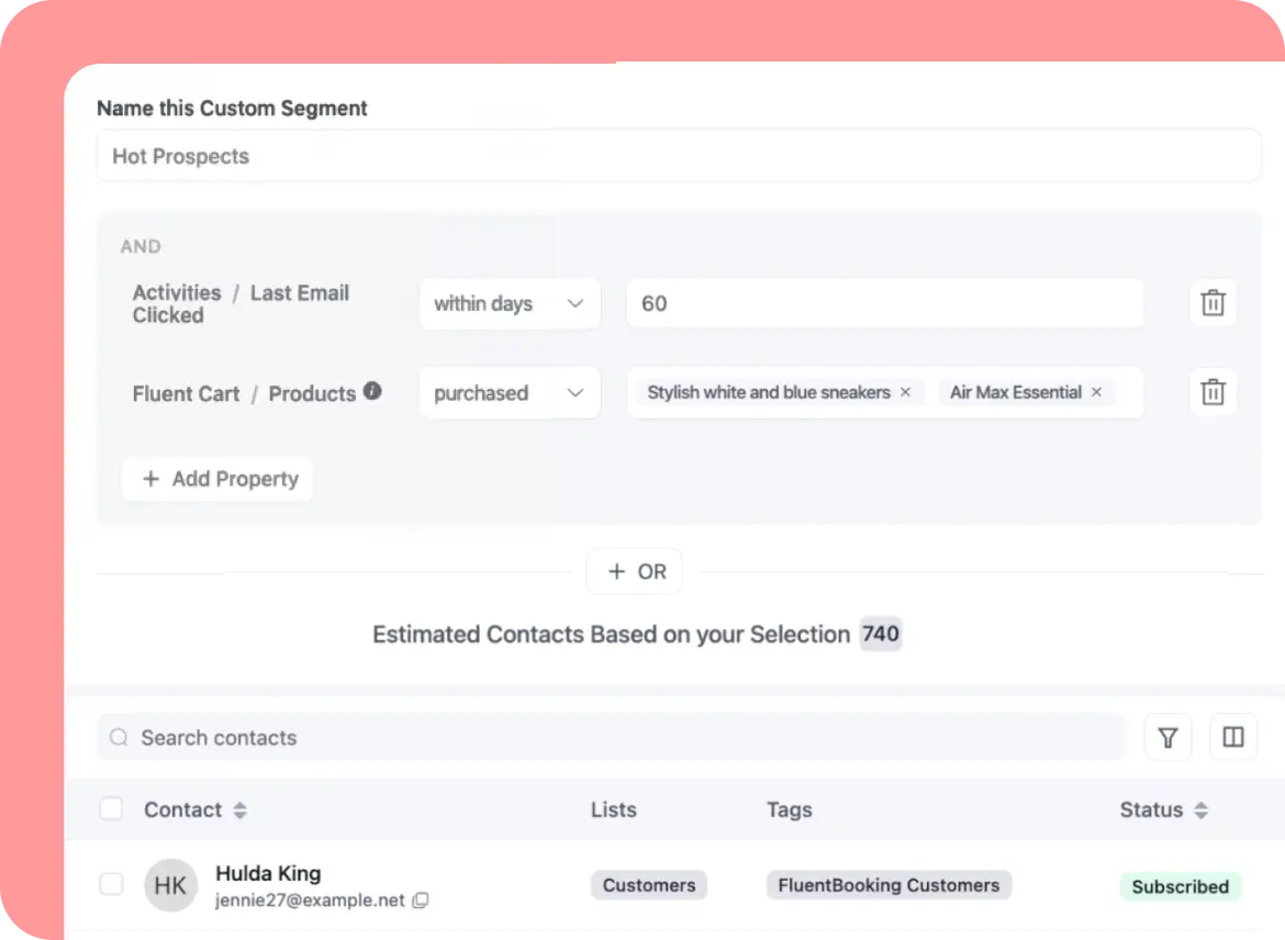 Screenshot of a custom segment creation interface in marketing software.