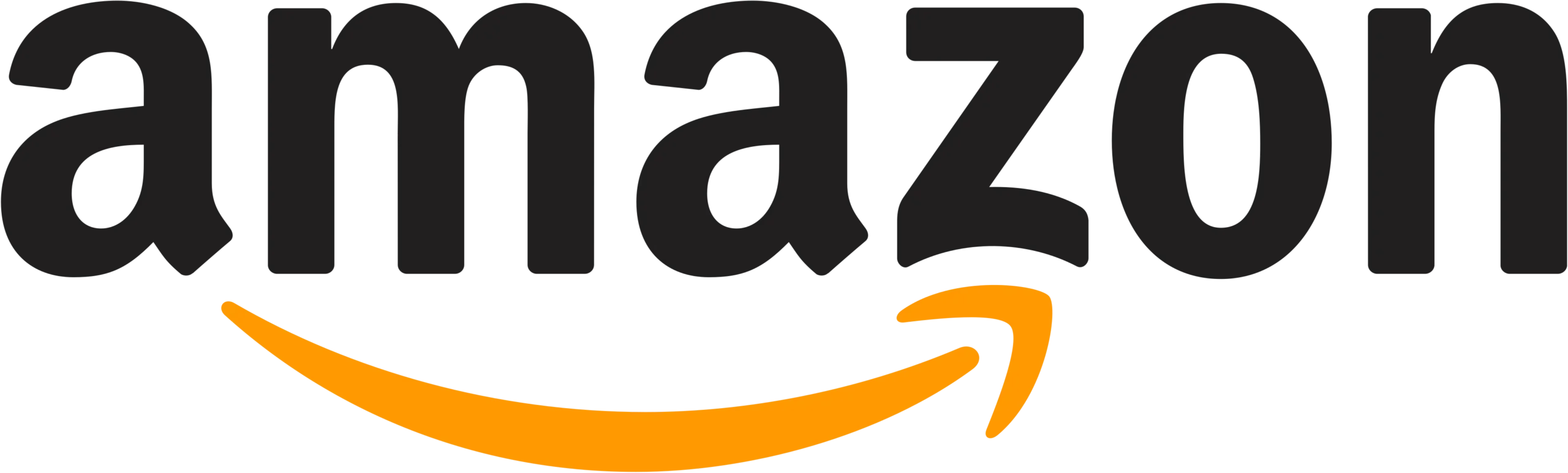 Amazon logo with black letters and orange arrow.